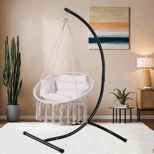 Vista 9 de Goutime - Silla hamaca con columpio colgante de macramé, con cojín y kit de herramientas, columpios boho para adultos para exteriores, patio, Beige