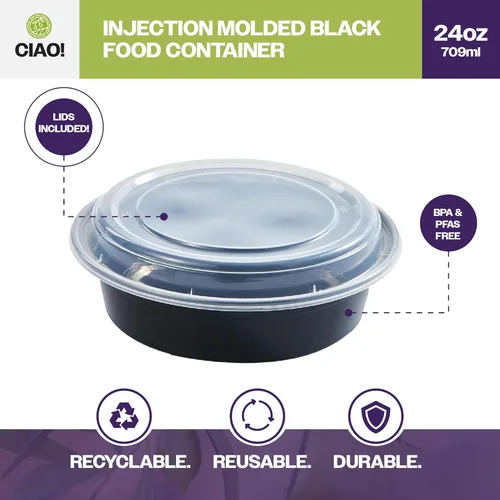 Vista 2 de CIAO! Contenedor de alimentos redondo negro moldeado por inyección de peso pesado de 24 oz con tapa (150/caja)