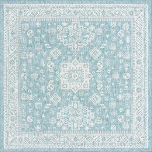 Vista 207 de Unique Loom Outdoor Aztec Collection Alfombra de área - Chalca (10 pies, redonda, azul/marfil)