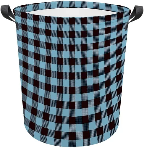 Vista 12 de Cesta de lavandería grande a cuadros de búfalo plegable con asas, bolsa de almacenamiento de ropa impermeable para baño, dormitorio, amarillo y negro