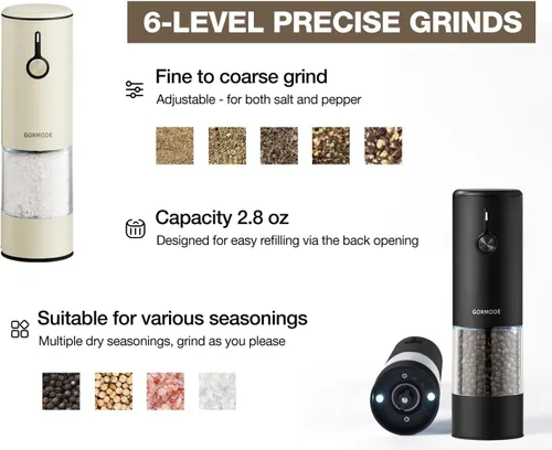 Vista 3 de Juego de molinillo eléctrico recargable de acero inoxidable para sal y pimienta, carga USB con cubierta antipolvo, 6 modos de molienda ajustables +