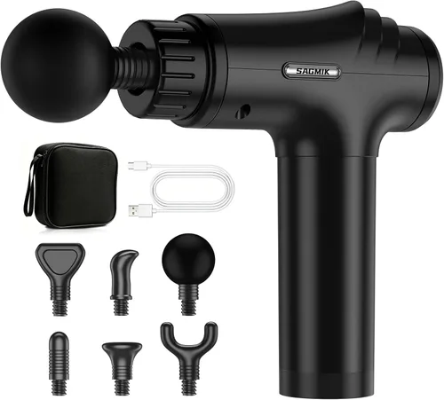 Pistola de masaje, 30 velocidades, 6 cabezas, masajeador muscular Negro