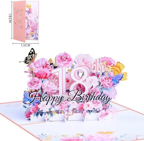 Vista 3 de Tarjeta desplegable de cumpleaños número 18, tarjeta de felicitación de flores 3D para mujer