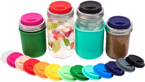 Vista 2 de Tapa de silicona para beber con banda de acero inoxidable para tarros Mason (Americana multicolor, boca regular)