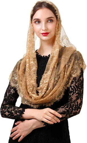 Vista 4 de PAMOR Estilo Español Encaje Tradicional Vintage Inspirado Infinito Forma Mantilla Velo Latino Masa Cabeza Cubierta