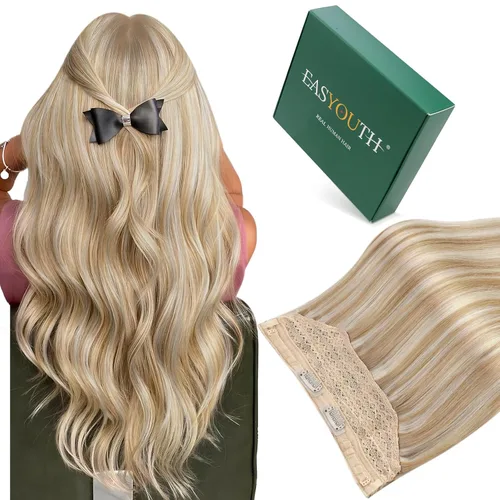 Vista 43 de Easyouth - Extensiones de cabello con alambre rubio, extensiones de cabello humano real, reflejos rubios ceniza, extensión de cabello rubio con hilo