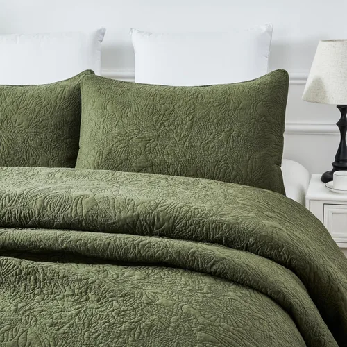 Vista 2 de Brandream Olive Green Floral Vine Quilted Pillow Shams Set of 2 ?Luxury 100% Cotton Botanical Stitching Decorative Pillow Covers, Soft Breathable