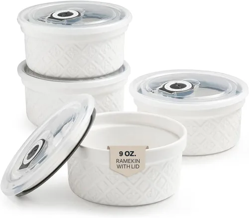 Vista 44 de Ramequines de 177 ml con tapas aptos para horno, pequeños ramequines de crema catalana con cubiertas, juego de 4 ramequines de cerámica, tazones