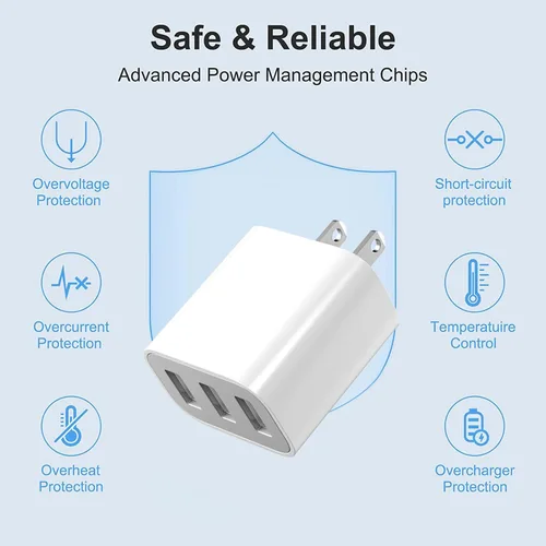 Vista 4 de Cargador de pared USB, paquete de 2 unidades de 3 puertos USB cargador bloque adaptador de pared USB de carga cubo de ladrillo compatible con iPhone