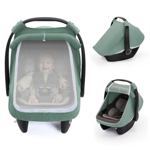 Vista 8 de Blissful Diary Cubierta de asiento de coche para bebé, ventana de malla extra grande, muselina de algodón transpirable, toldo infantil a prueba