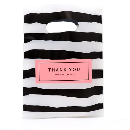 Vista 3 de Joyhey 100 bolsas de plástico de 5.8 x 7.8 pulgadas, bolsas de boutique con asas troqueladas, color negro, gracias