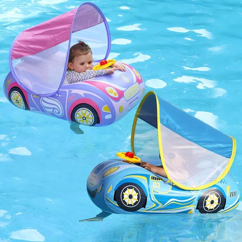 Swimbobo Toddler Pool Float Inflatable Car Baby Swim Float with Adjustable Sun Canopy and Safety Seat Pool Toys for Kids 3+ Years Old