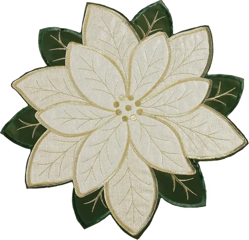 [Usado] Juego de 4 manteles individuales de Navidad, Tela bordada con destello dorado brillante con flores de nochebuena, manteles redondos de 38