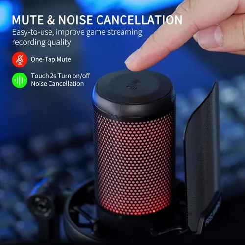 Vista 2 de FEELWORLD VM1 Micrófono USB para PC de juegos Micrófono condensador con cancelación de ruido, luz RGB silenciosa, accesorios para computadora