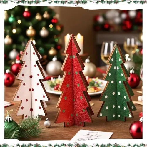 Vista 7 de 3 piezas de decoración de mesa de Navidad, decoración de árbol de Navidad, mesa de madera rústica, centro de mesa de Navidad de madera rústica