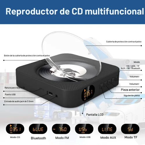 Vista 3 de MICOCIOUS Reproductor de CD portátil con Bluetooth Reproductor de CD de escritorio para el hogar Reproductores de música de CD con control remoto