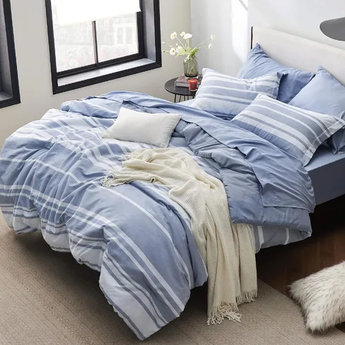 Vista 20 de BEDSURE - Juego de edredón de 7 piezas, ropa de cama a rayas verde salvia para todas las estaciones, reversible, teñido catiónico, juego de ropa