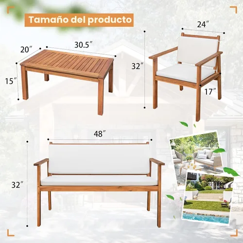 Vista 7 de Devoko Muebles de patio, 4 piezas, madera de acacia, juego de sofá de conversación al aire libre con mesa y cojines, sillas de porche para jardín