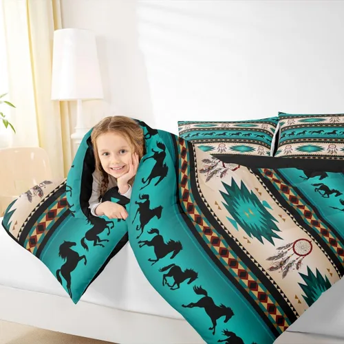 Vista 4 de Juego de ropa de cama con relleno de edredón con diseño de caballo y atrapasueños para niños, adolescentes y hombres, juego de edredón con estampado