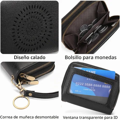 Vista 4 de SENDEFN Tarjetero de cuero para tarjetas de crédito, cartera pequeña para mujer, bloqueo RFID, doble cremallera con ventana de identificación 1-negro