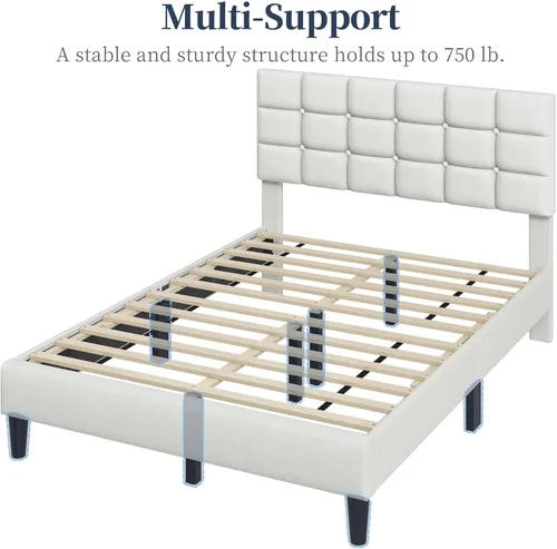 Vista 8 de Yaheetech Marco de Cama Tapizado, Plataforma de Cama Full Moderna con Cabecera de Costura Cuadrada y Capitoné con Botones, Altura Ajustable, Soporte