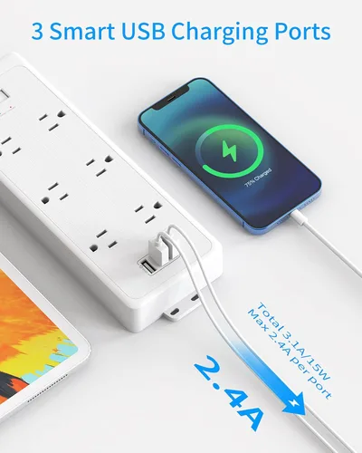 Vista 7 de Regleta de alimentación con 6 tomas espaciadas superanchas con USB, cable de extensión de 10 pies, protector de sobretensiones de enchufe plano