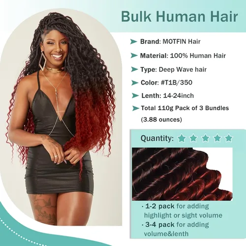 Vista 55 de Cabello Humano para Trenzar para Trenzas Boho 3 Paquetes/Pack 110g (3.88 oz) 14 Pulgadas Cabello Humano a Granel Ondulado Profundo para Trenzar