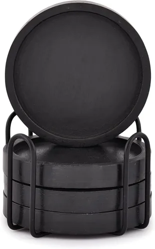 Vista 2 de NIRMAN Posavasos de madera para mesa de café, posavasos redondos con soporte para protección de mesa, juego de 4 (4 x 4 x 0.5 pulgadas) (negro)