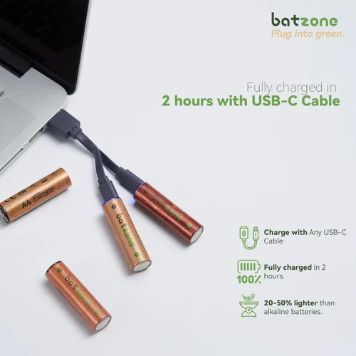 Vista 6 de Paquete de 4 baterías AA recargables, baterías de litio de 2220 mWh AA, baterías AA dobles de 1.5 voltios, tiempos de ciclo de hasta 1000+ con cable