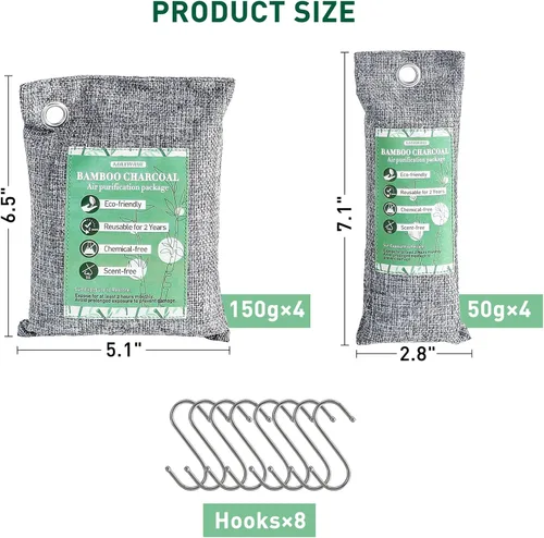 Vista 2 de MAXWAVE Paquete de 8 bolsas absorbentes de olores de carbón activado, bolsas purificadoras de aire de carbón de bambú, ambientador natural