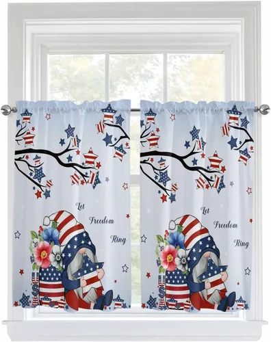 Vista 120 de Cenefa de cocina para ventanas, Día de la Independencia, pentagrama, textura de arpillera a cuadros, semitransparente, con bolsillo para barra