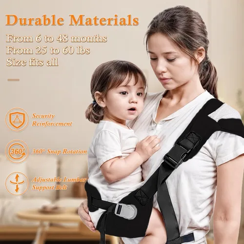 Vista 2 de Portabebés para recién nacidos a niños pequeños – Portabebés ajustable para 25-60 libras, cómodo transporte manos libres (negro)