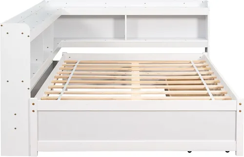 Vista 18 de Quarte Elegante cama de plataforma con estanterías en forma de L, cama de plataforma de madera tamaño individual con 2 cajones de almacenamiento