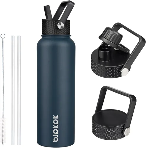 Vista 58 de BJPKPK - Botellas de agua aisladas con tapa de popote, botella de agua de acero inoxidable de 27 onzas con 3 tapas, termo de metal libre de BPA a