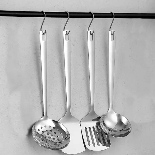 Vista 7 de Juego de utensilios de cocina de acero inoxidable, 4 piezas, espátula ranurada, espátula sólida, espumadera y cucharón, resistente al óxido, mango