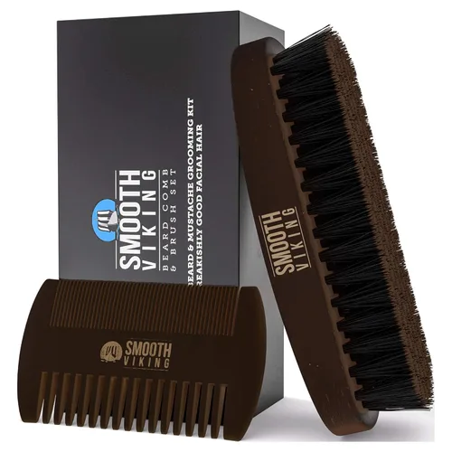 Conjunto de regalo de cepillo y peine para barba Smooth Viking para hombres - Cepillo de cerdas de jabalí natural y peine de madera, cepillo de