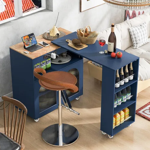 Vista 45 de LUMISOL Carrito de isla de cocina con ruedas de bloqueo con 2 cajones y 4 gabinetes, isla de cocina rodante con estantes ajustables, mesa de madera