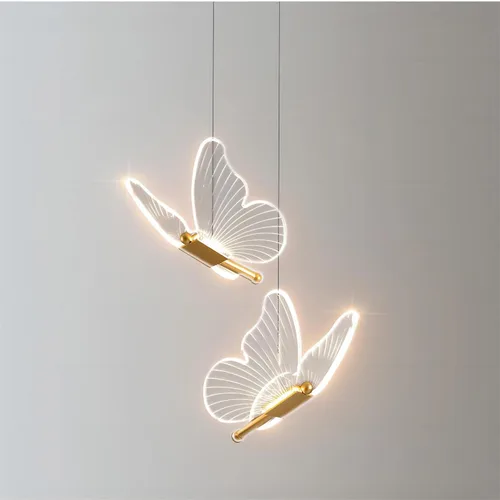 Lámpara colgante de 2 luces de mariposa dorada, lámpara colgante de acrílico LED de 13.8 pulgadas para dormitorio, sala de estar, isla de cocina