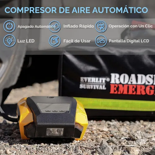 Vista 3 de Everlit Kit de emergencia para automóvil de supervivencia, kit de herramientas de seguridad en carretera con guantes, compresor de aire digital