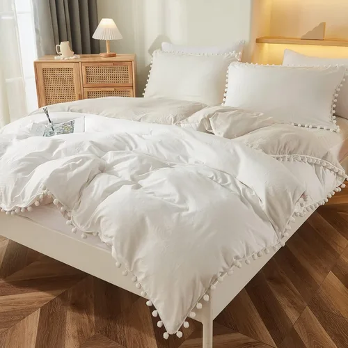 Bedbay Juego de funda de edredón de tamaño individual, juego de ropa de cama bohemio de granja con pompones, flecos, funda de edredón blanca, tamaño