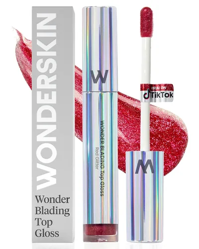 Vista 9 de Wonderskin Brillo de labios Blading Top Gloss, maquillaje de labios hidratante y de acabado de alto brillo (purpurina azul)