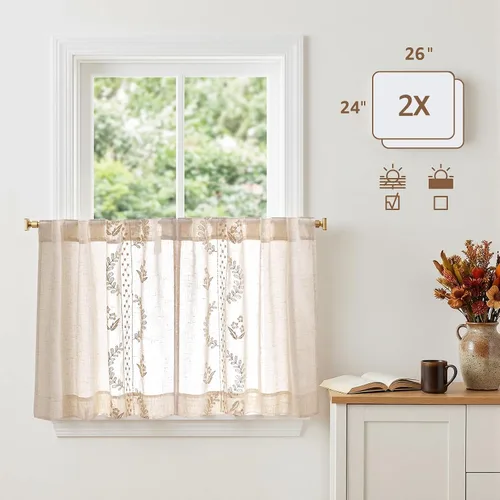Vista 5 de jinchan Cortinas de lino floral beige para cocina, 24 pulgadas, 2 paneles A Beige