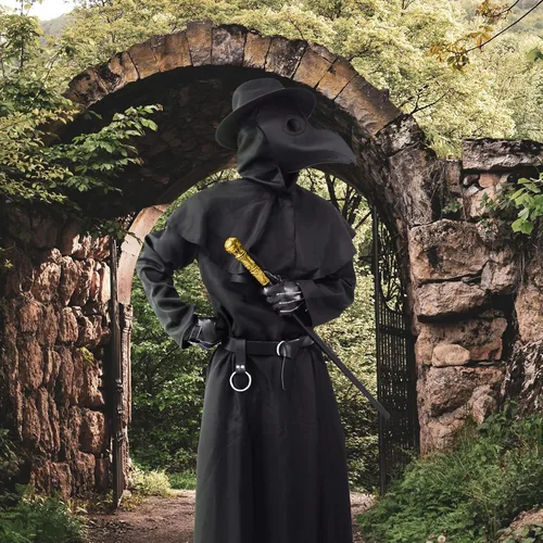 Vista 2 de Halloween Costume Compatible for Plague Doctors with Bird Beak Mask, Black Cloak Robe with Hood