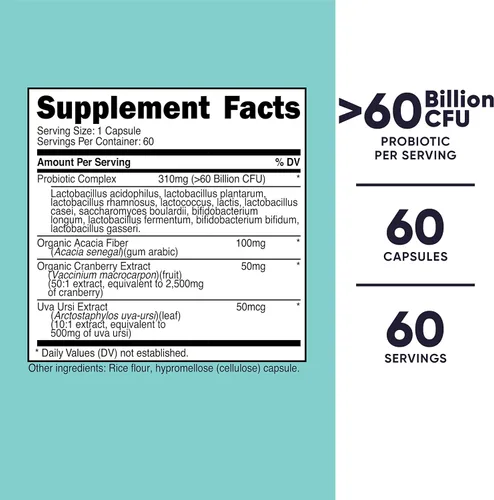 Vista 2 de Nutricost Probiótico para mujer, 60 mil millones de CFU, 60 cápsulas, complejo con fibra de acacia, Uva Ursi y extracto de arándano, sin OMG ni