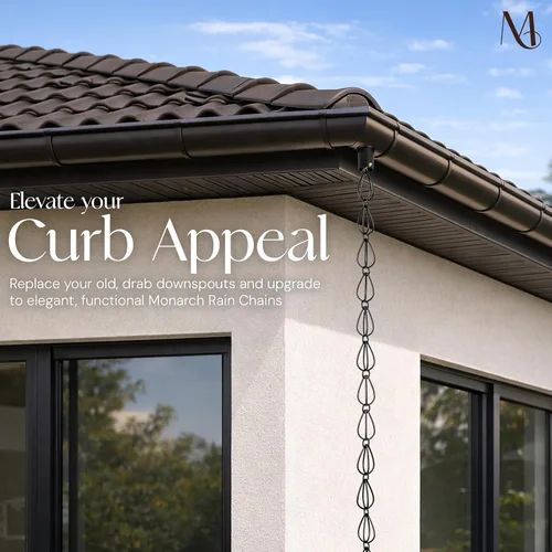 Vista 6 de Monarch Rain Chains Cadenas de lluvia negras de lágrima de aluminio para canaletas – Cadena de lluvia decorativa negra de 8.5 pies, cadena