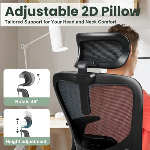 Vista 5 de Silla de oficina ergonómica, silla de escritorio de malla con reposacabezas ajustable y reposabrazos 2D, sillas de computadora con soporte lumbar