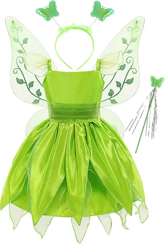 Hedmy Disfraz de elfo mágico para niños y niñas, vestido hinchado con alas de varita para el pelo