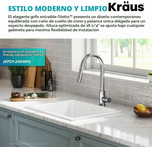 Vista 4 de Kraus Oletto - Grifo de cocina contemporáneo con un solo mango extraíble en cromado, KPF-3104CH Cromo