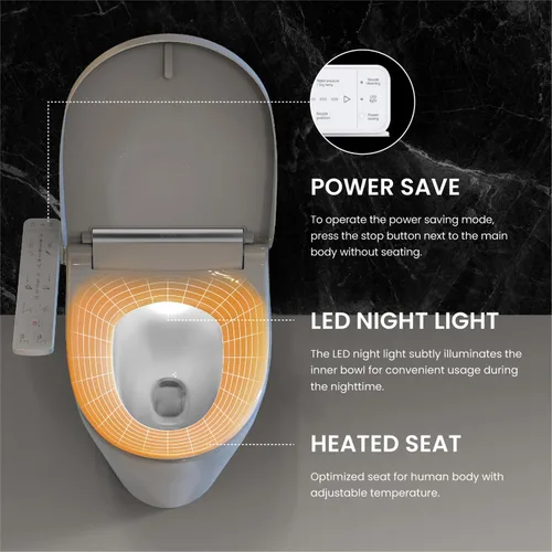 Vista 3 de VOVO VB-3000SE Asiento de inodoro con bidé alargado, agua caliente, luz LED, asiento con calefacción, blanco, secadora, boquilla de acero