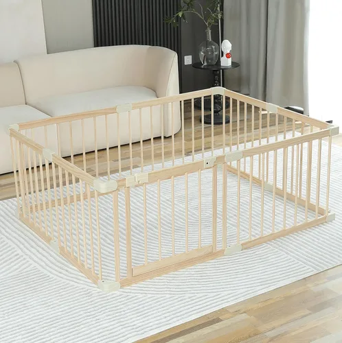 Vista 5 de Conababy Corralito para bebés, valla de juego con puerta, corralito de madera grande, corralitos para bebés y niños pequeños para interior, área